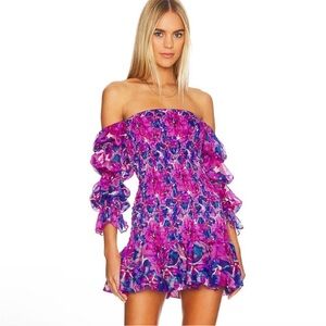 MISA
Noura Off-the-shoulder Smocked Mini Dress in watercolor blues